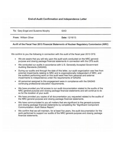 end of audit confirmation independence letter template
