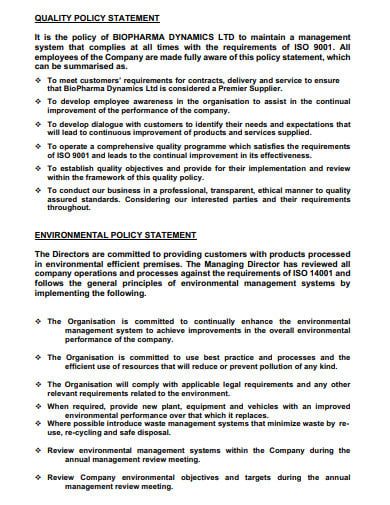 environmental quality policy statement