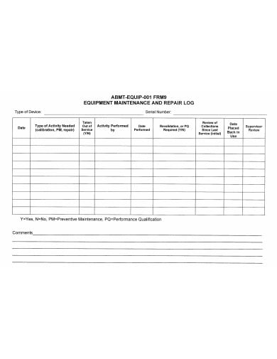 Free 11 Equipment Maintenance Log Templates In Pdf Ms Word 8209