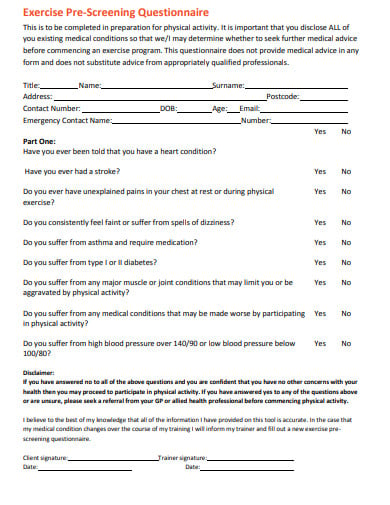 exercise pre screening questionnaire template