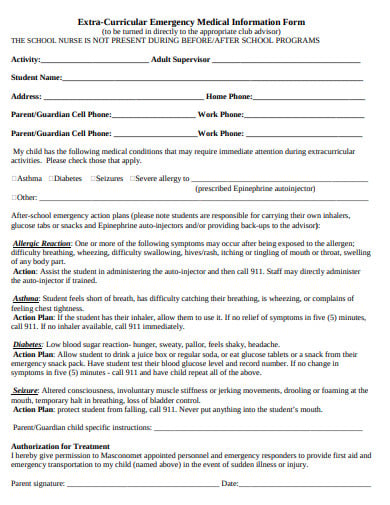 extra curricular emergency medical information form template