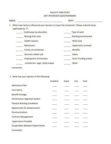 faculty and staff exit interview questionnaire