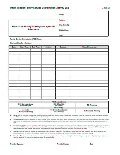family activity log template