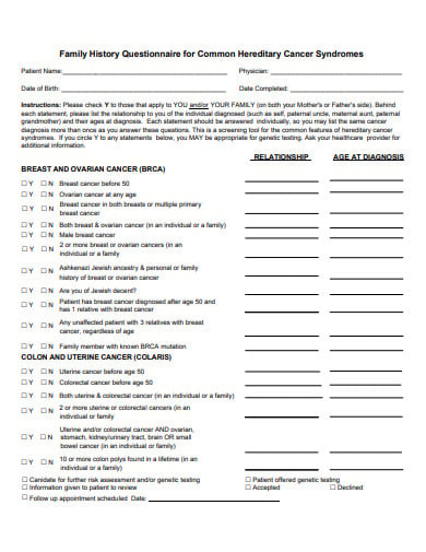 family hereditary history questionnaire template
