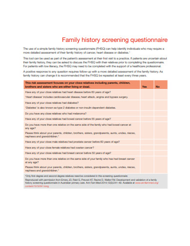 family history screening questionnaire example