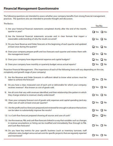 financial management questionnaire template