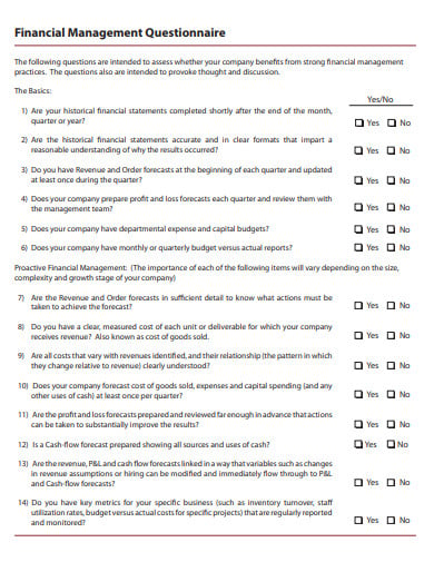 9+ Financial Management Questionnaire Templates in PDF | MS word