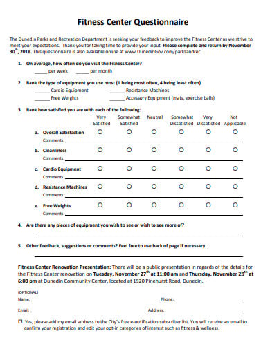 fitness center questionnaire