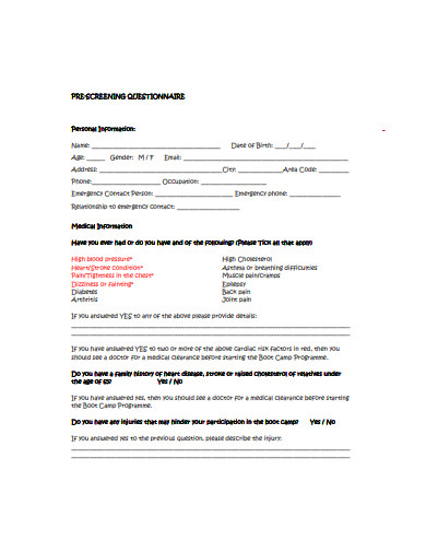 fitness pre screening questionnaire example