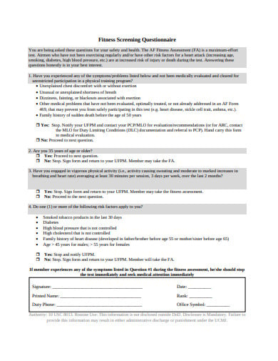 fitness screening questionnaire example