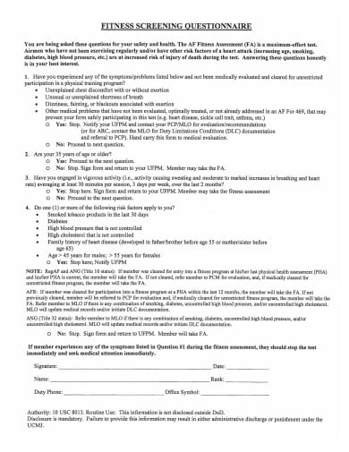 fitness screening questionnaire in pdf