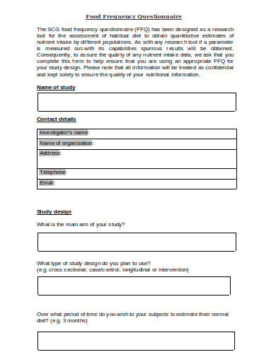 10+ Food Frequency Questionnaire Templates in PDF | MS word