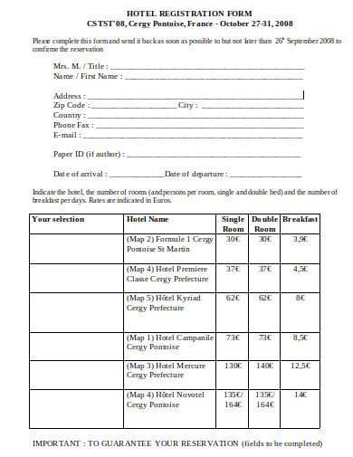 foraml hotel registration form