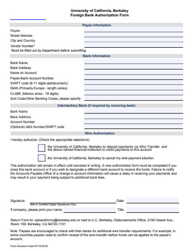 foreign bank authorization form