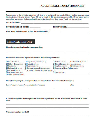 formal adult health questionnaire template