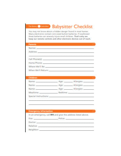 formal babysisters checklist