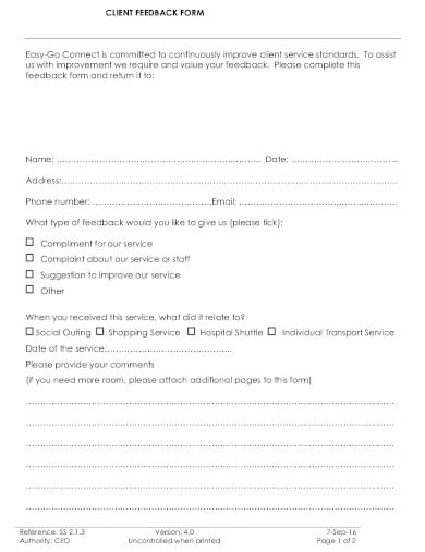 formal client feedback form
