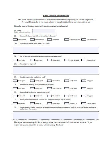 formal client feedback questionnaire template