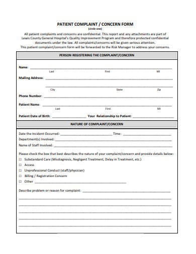 formal patient complaint form example