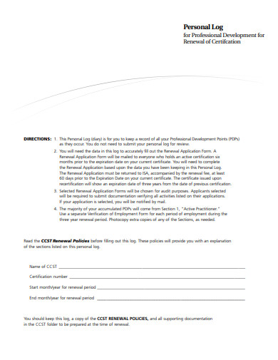 formal personal log template