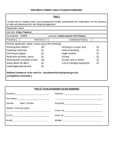 formal pre employment health questionnaire 