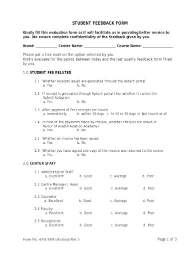 formal student feedback form in pdf