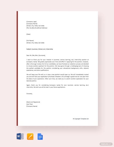 free internship interview rejection letter template