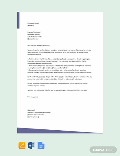 free sales consultant offer letter template
