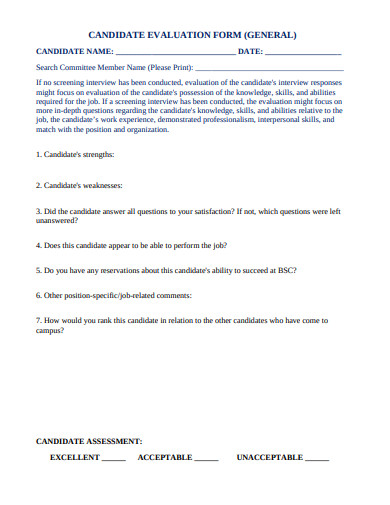 general candidate evaluation form template