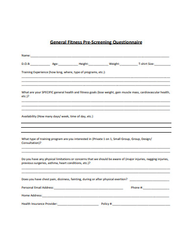 general fitness pre screening questionnaire example