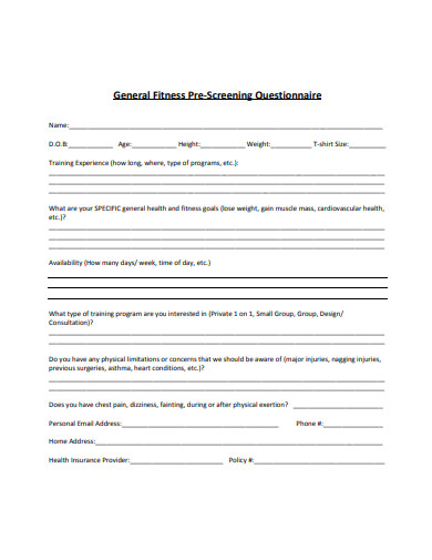 10+ Fitness Screening Questionnaire Templates in PDF | DOC