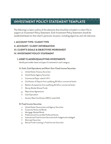 22  Investment Policy Statement Templates in PDF DOC