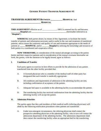 generic patient transfer agreement format