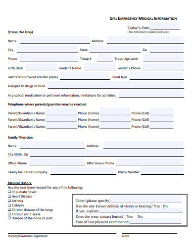 girl emergency medical information form template