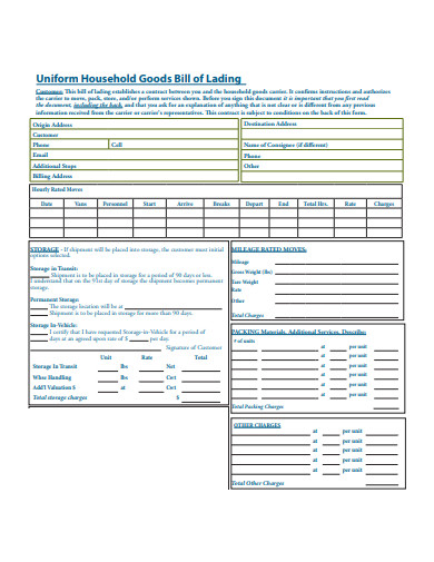 goods bill of lading example