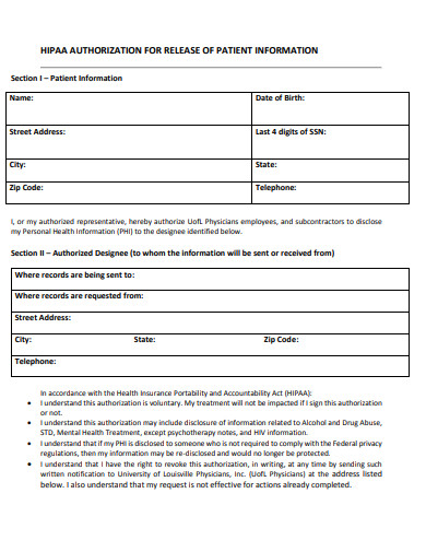 hipaa authorization for release of patient information form