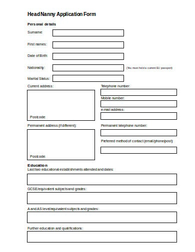 head nanny employment application form
