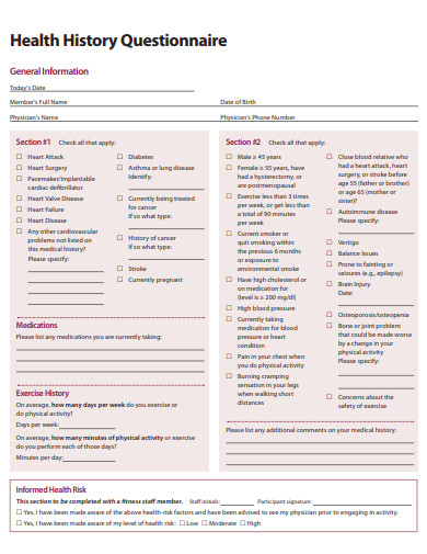 health history questionnaire template