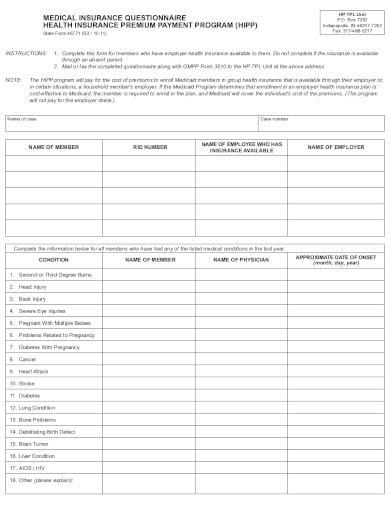 health insurance questionnaire example