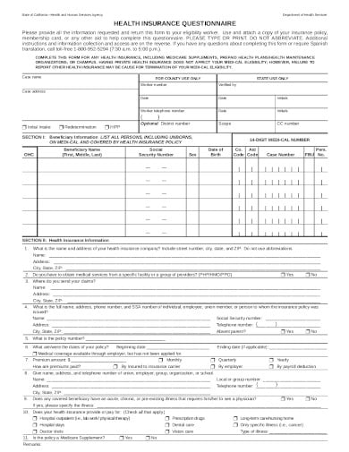 health insurance questionnaire template
