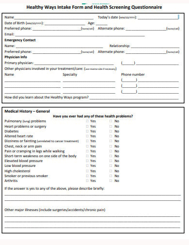 health medical screening questionnaire template