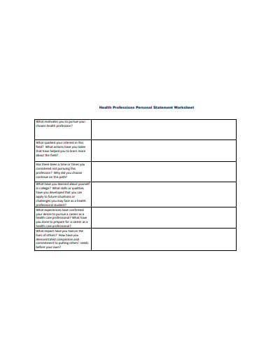 health professions personal statement worksheet template