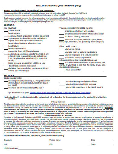 health screening questionnaire template