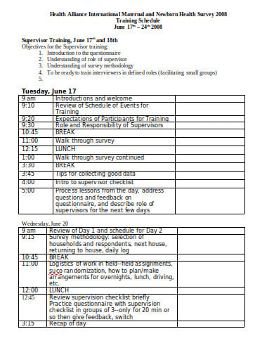 health survey training schedule template