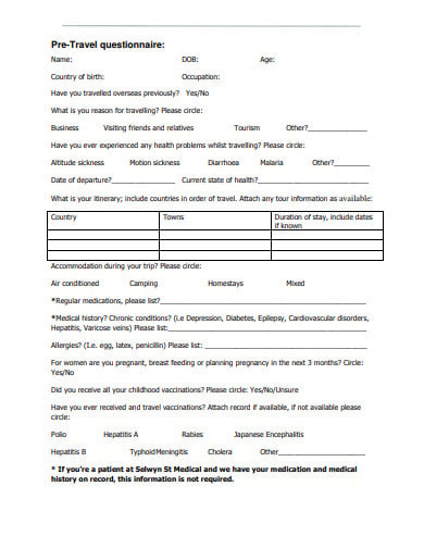 travel health questionnaire zambia