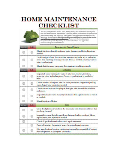 home maintenance checklist example