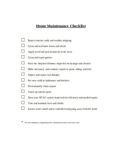 home maintenance checklist in doc