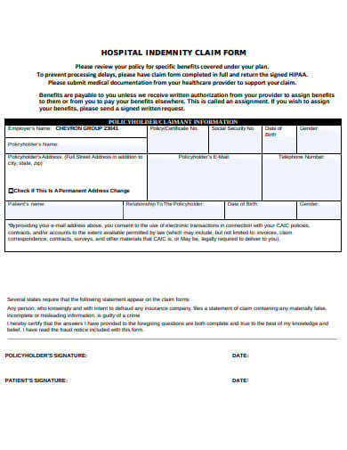 hospital indemnity claim form format