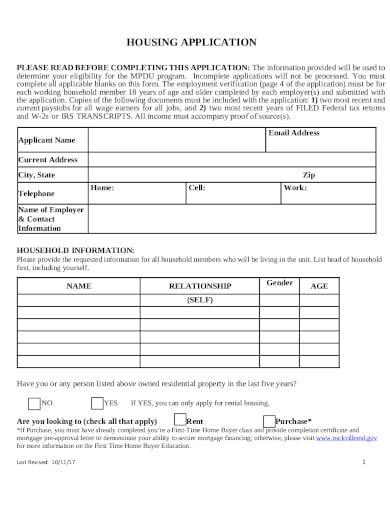 Free 10 Housing Application Form Templates In Pdf 1442