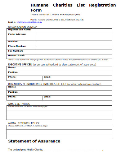 human charities list registration form template